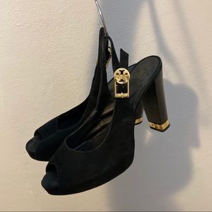 Tory Burch suede platform heels w/ gold buckle